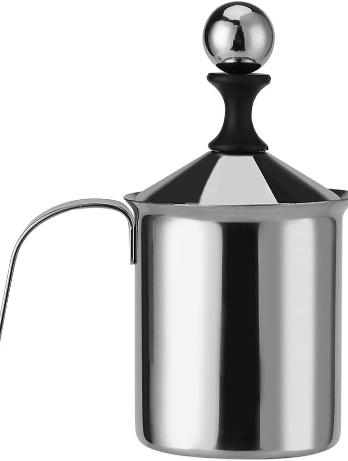 Milk Frother, Stainless Steel Manual Milk Foamer, Handheld Coffee Milk Frothing Pitchers, Manual Operated, with Double froth screen, for Cappuccino Coffee Latte Hot Chocolate(400ML)