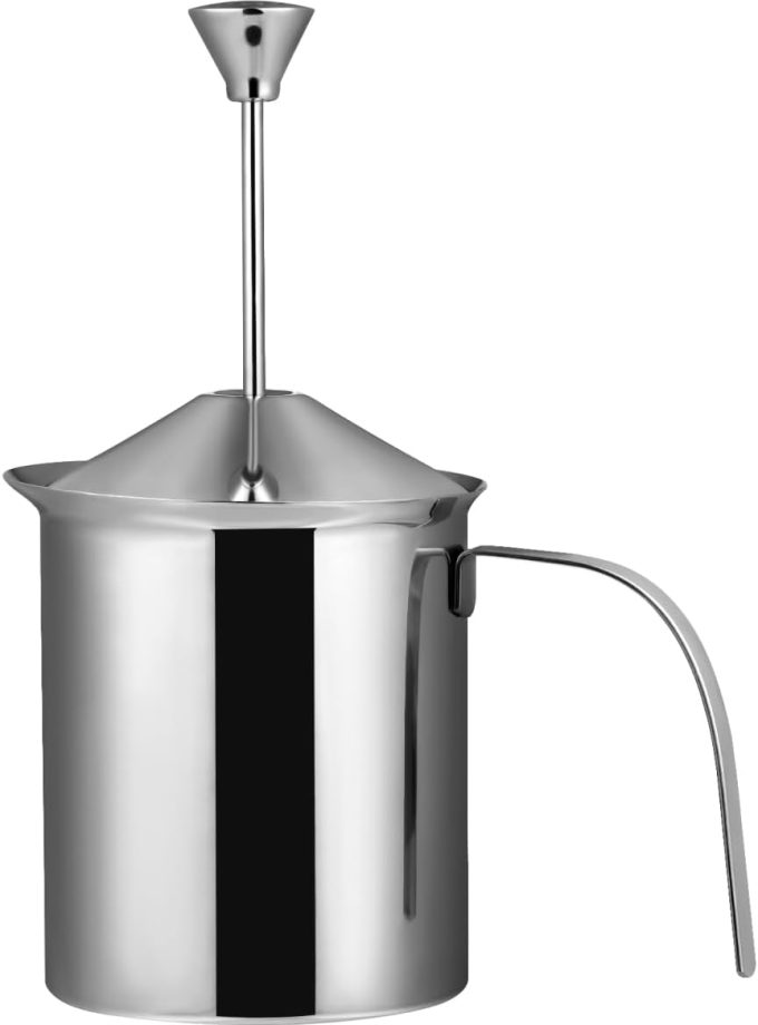 Stainless Steel Manual Milk Frother, Double Mesh Screen Hand Pump Milk Foamer for Coffee, Cappuccino, Latte, Foam, 800ml (27oz) Pitcher for Home and Coffee Lovers