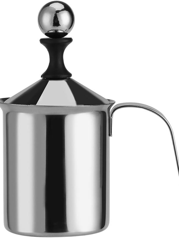 Manual Milk Frother, Stainless Steel Hand Pump Milk Foamer Handheld Milk Frothing Pitchers, Manual Operated Milk Foam Maker Japanese Double-Layered Hand Foamer(400ml)