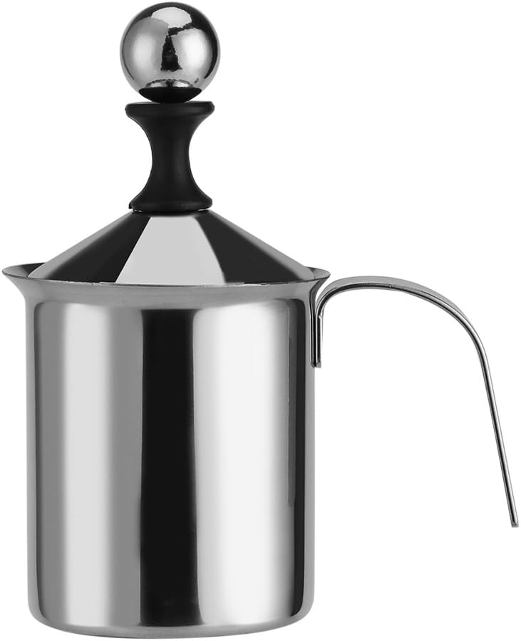 Manual Milk Frother, Stainless Steel Hand Pump Milk Foamer Handheld Milk Frothing Pitchers, Manual Operated Milk Foam Maker Japanese Double-Layered Hand Foamer(400ml)