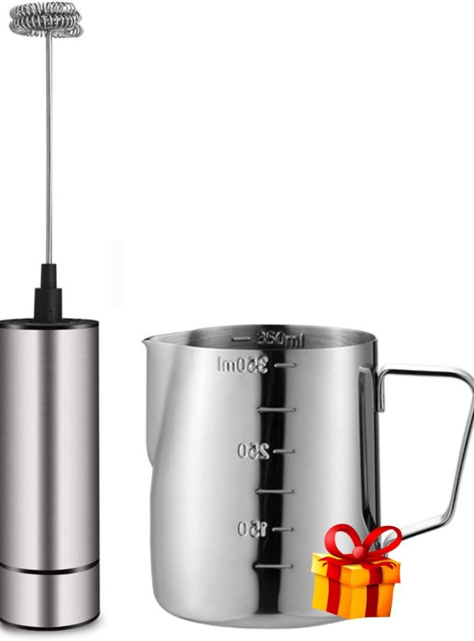 Milk Frother Handheld Battery Operated, Coffee Frother for Milk Foaming, Latte/Cappuccino Frother Mini Frappe Mixer for Drink, Hot Chocolate, Stainless Steel Silver