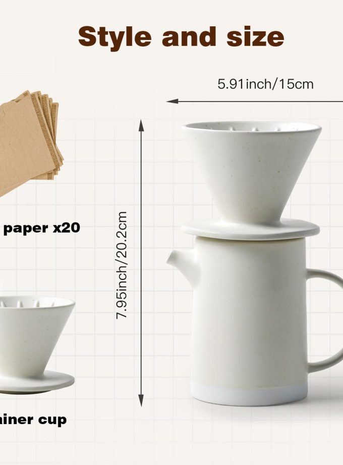 Pour Over Coffee Maker Set Vintage Ceramic Pour Over Coffee Dripper Set with 20 Count Paper Coffee Filters,for Home Café Restaurant Camping,15.8 Ounces(White)