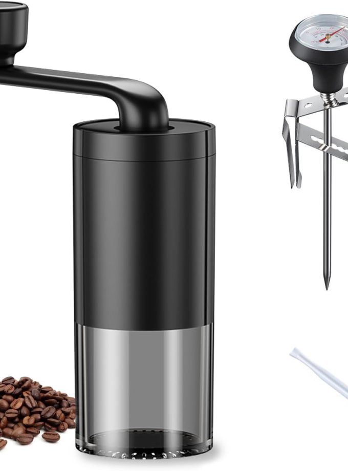 Manual Coffee Grinder with Ceramic  – Stepless Adjustable for Espresso French Press – Hand Crank, Portable for Camping Travel Home – with 100°C Coffee Thermometer (Black)