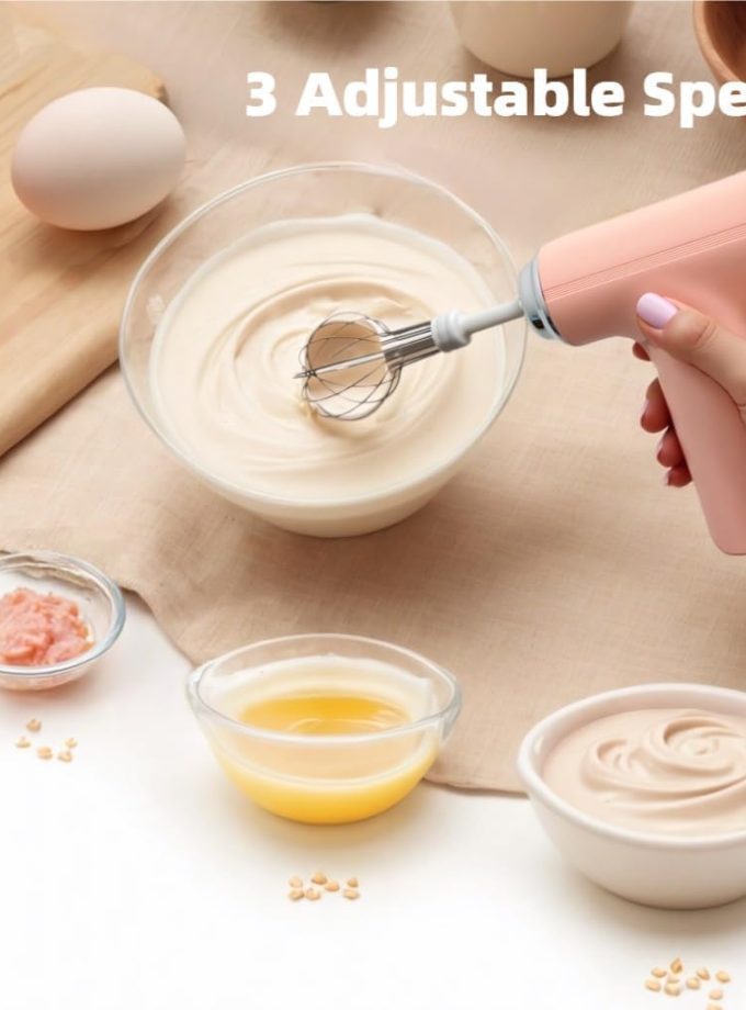 Cordless Hand Mixer, One Touch Off Handheld Electric Whisk with 3 Speed Modes, Hand Held Egg Beater with 2 Detachable Stir Whisks (Pink)