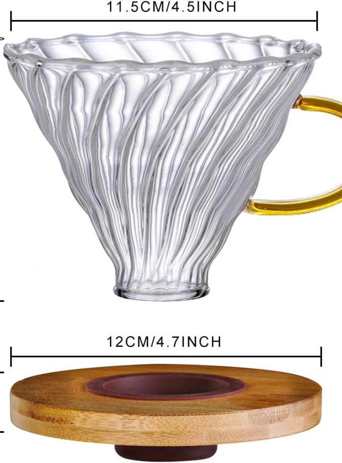 Glass Coffee Dripper/Filter - Cone Glass Pour Over Coffee Dripper with Bamboo Stand & Handle, 1-4 Cups Drip Coffee Maker Funnel Accessories for Home, Office