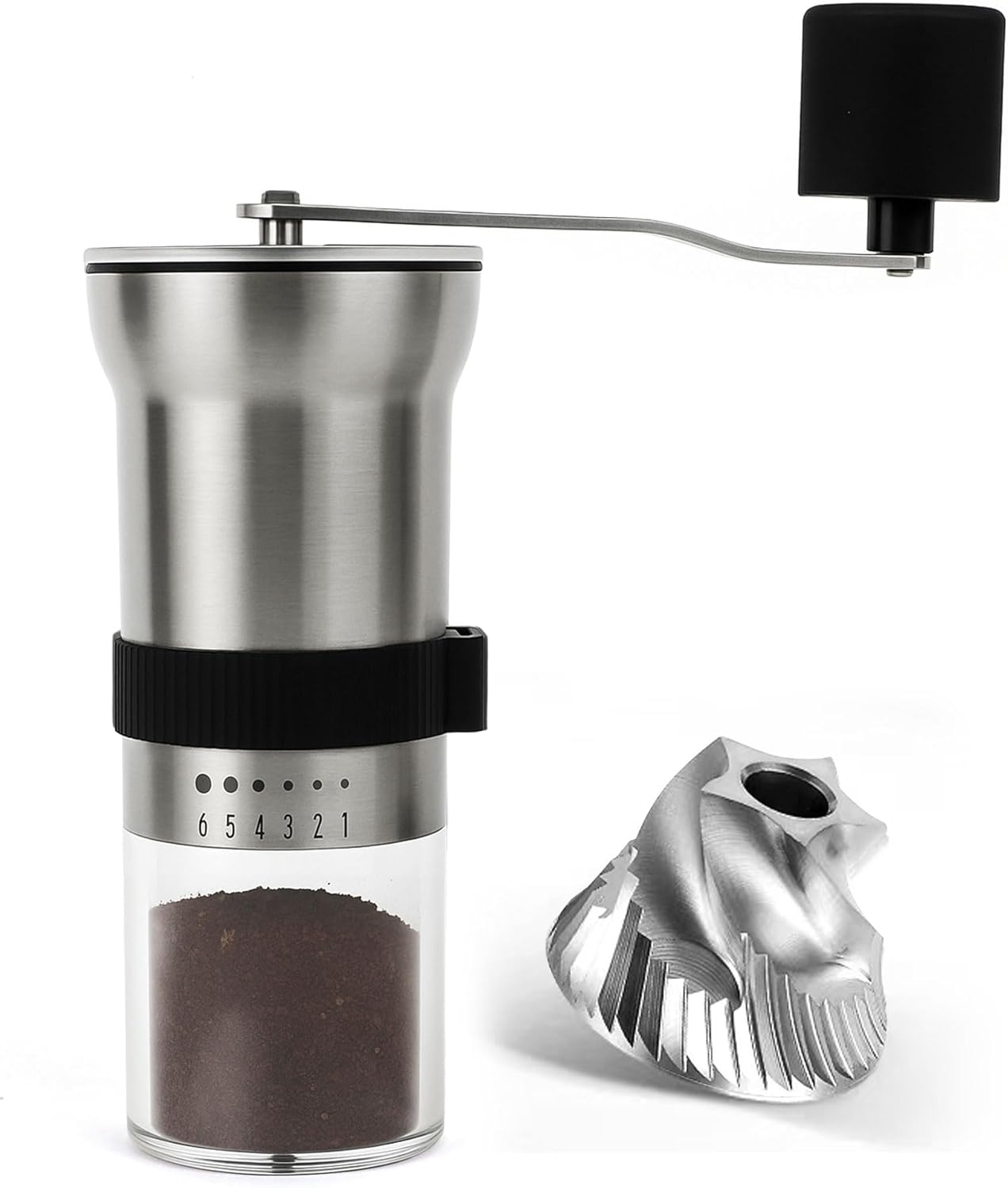 Manual Coffee Grinder with Stainless Steel - 1.12oz Capacity Handheld Mill for Espresso, Drip, Cold Brew with 6 Adjustable Settings & Quiet -Extra Fine Grinding (Stainless Steel )