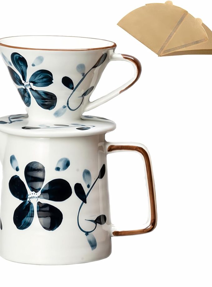 Pour Over Coffee Maker Set, 60 Angle ceramic Pour Over Coffee Maker Dripper Filter & Decanter for 1-4 People, Ceramic Coffee Dripper Set with 100 Count Paper Coffee Filters(Coffee Filter +Kettle)