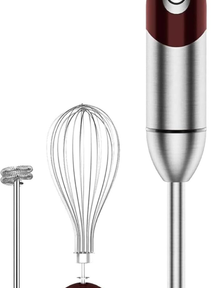3-in-1 Hand Blender – 12-Speed, Includes Powerful Blender Stick, Whisk, and Milk Frother – Easy to Clean and Perfect for Smoothies, and More (Red)