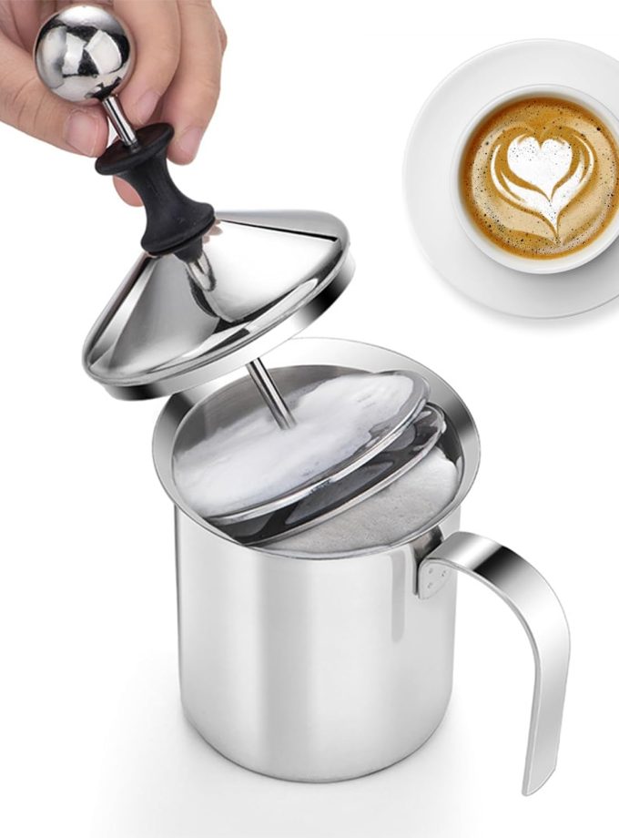 Stainless Steel Manual Milk Frother, Hand Pump Coffee Frother with Filter Screen for Cappuccino Coffee Latte Hot Chocolate (13oz/400ml) - Send Goods from Local Warehouse
