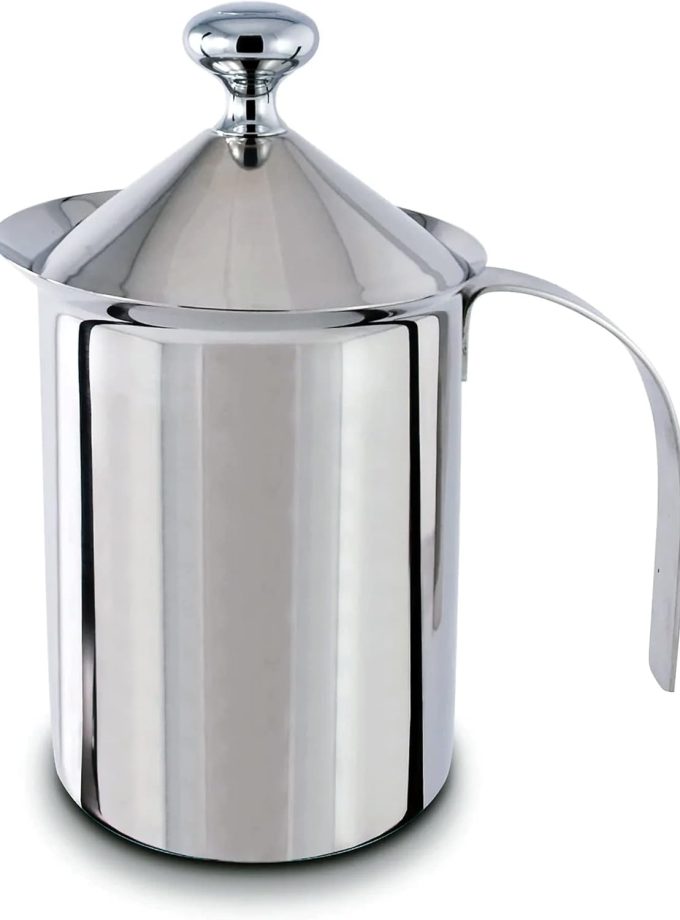 Polished Stainless Steel Hand Pump Cappuccino Milk Frother, 27 oz, 5" high