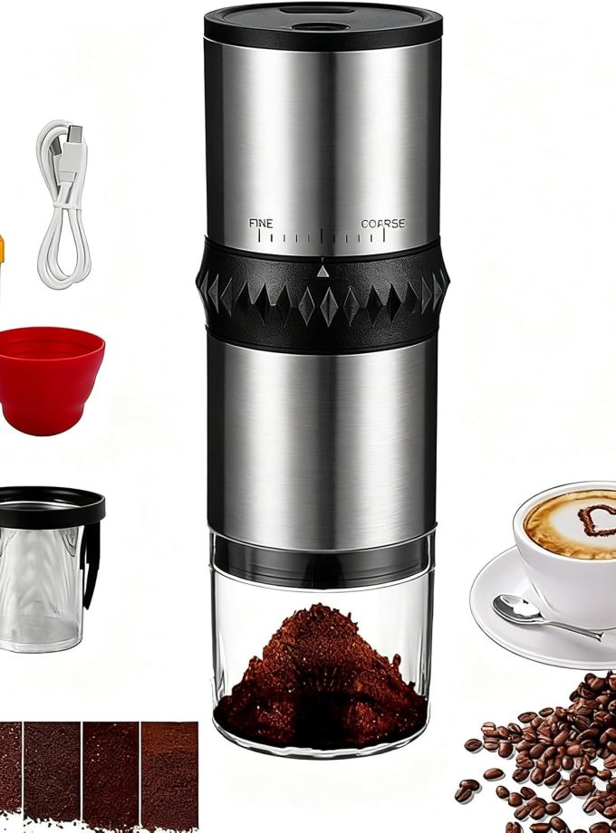 Portable Coffee Grinder,USB Rechargeable Coffee Maker,Electric Stainless Steel Coffee Grinders, Espresso Battery Coffee Bean Grinder Machine with 15 gind Settings for Home Use(Black9109)
