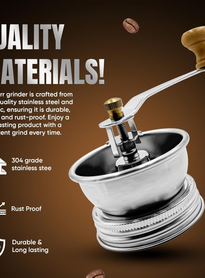 Stainless Steel Coffee Grinder Lid Attachment for Regular Mouth Mason Jars - Manual Crank Grinder for Fresh Coffee, Ideal for Camping, Home Barista, Rust Proof Ceramic Mechanism
