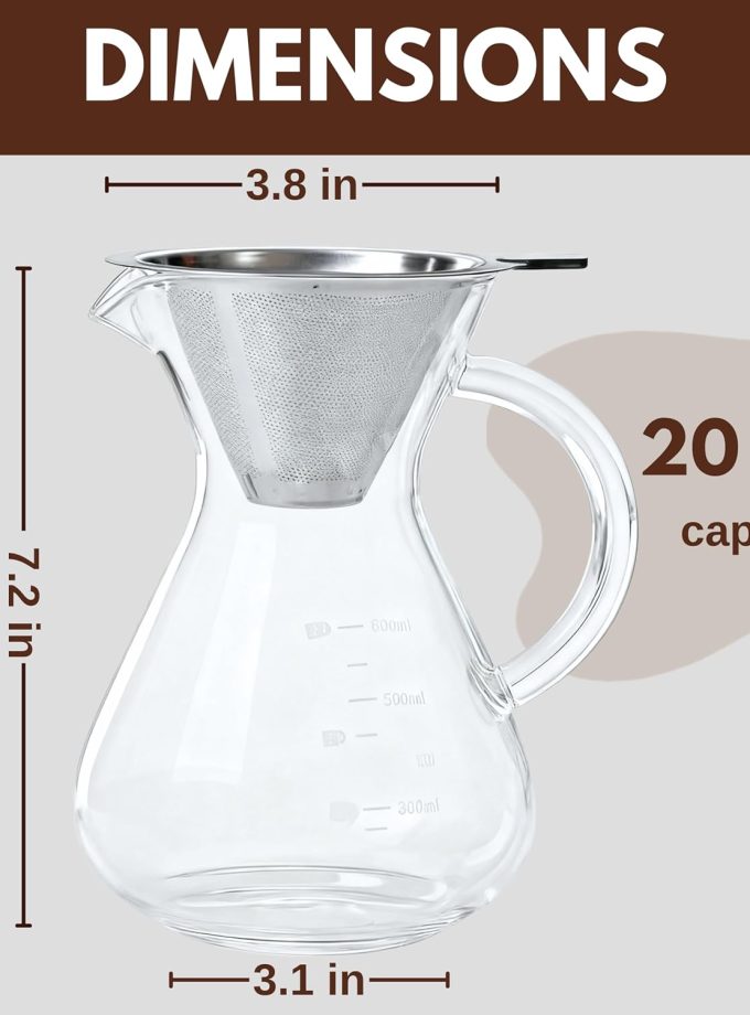 Pour Over Coffee Maker - Borosilicate Glass Carafe - Reusable Stainless Steel Paperless Filter/Dripper - For Home & Office & Resteraunt & Camping