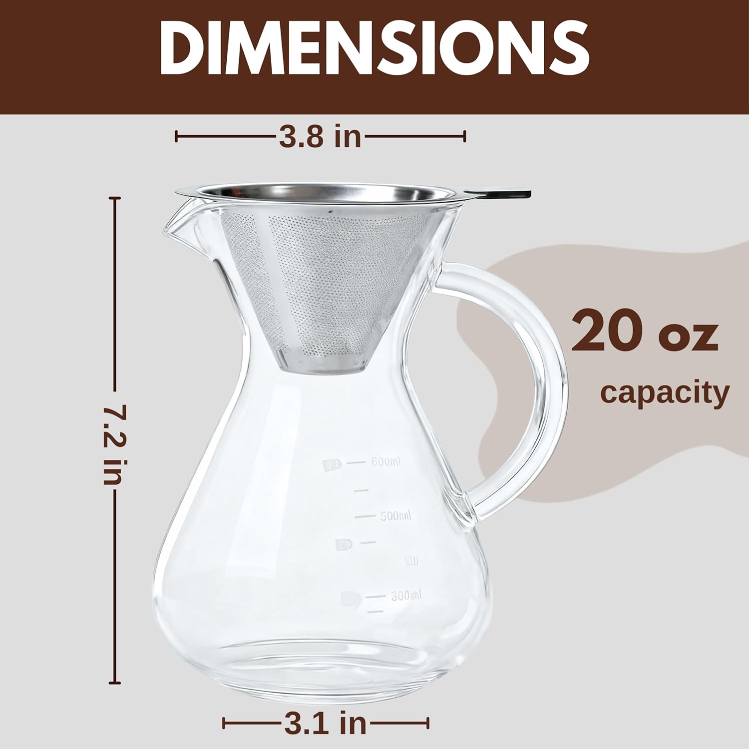 Pour Over Coffee Maker - Borosilicate Glass Carafe - Reusable Stainless Steel Paperless Filter/Dripper - For Home & Office & Resteraunt & Camping - Image 2