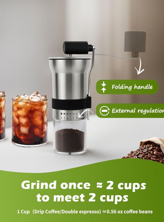 Manual Coffee Grinder with Stainless Steel - 1.12oz Capacity Handheld Mill for Espresso, Drip, Cold Brew with 6 Adjustable Settings & Quiet -Extra Fine Grinding (Stainless Steel )