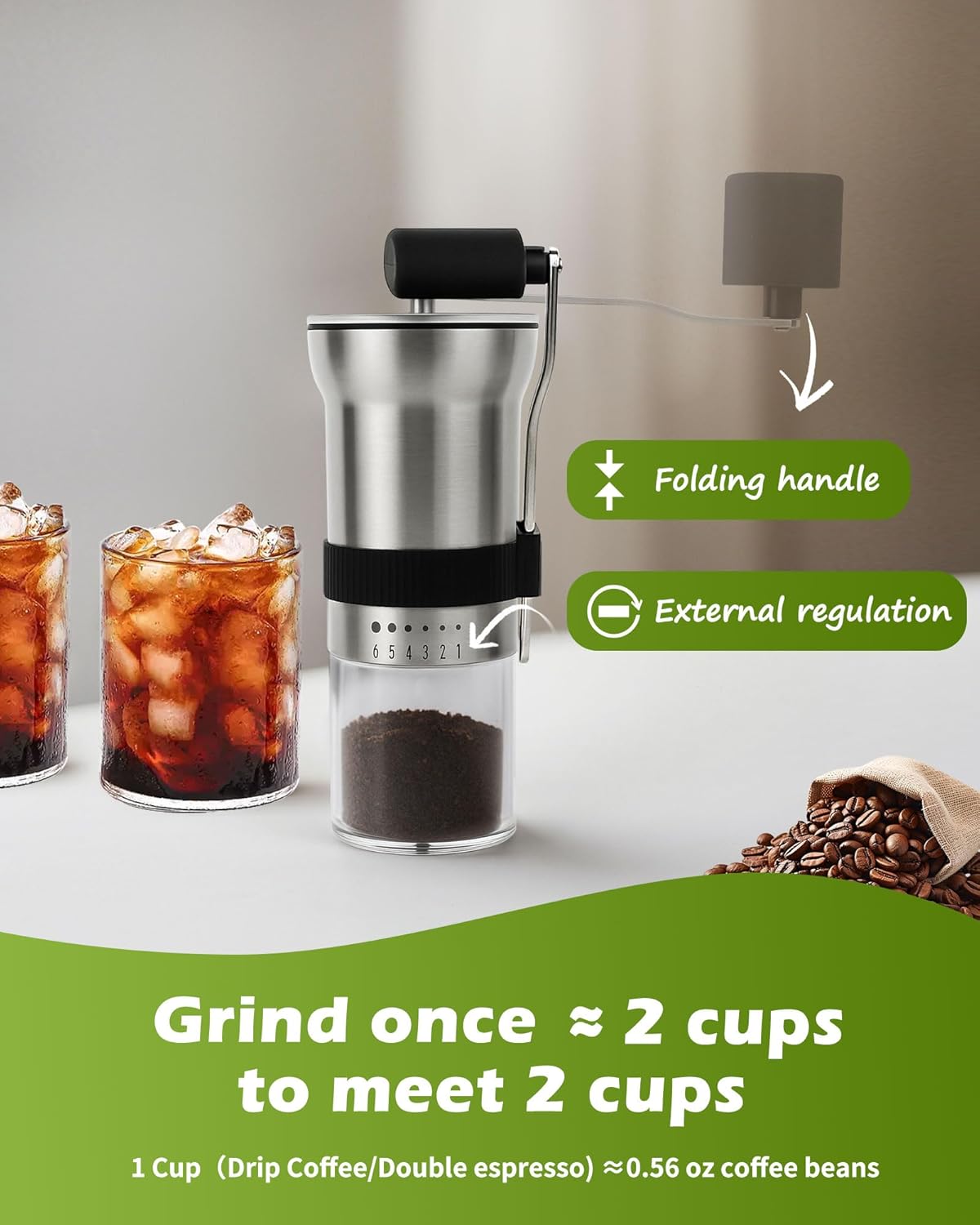 Manual Coffee Grinder with Stainless Steel - 1.12oz Capacity Handheld Mill for Espresso, Drip, Cold Brew with 6 Adjustable Settings & Quiet -Extra Fine Grinding (Stainless Steel ) - Image 2