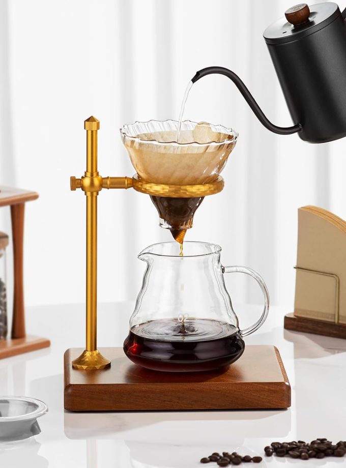 Pour Over Coffee Maker Set – Glass Coffee Dripper with Stainless Steel Stand, Wooden Base & 40 Filters – Travel Filter Coffee Maker