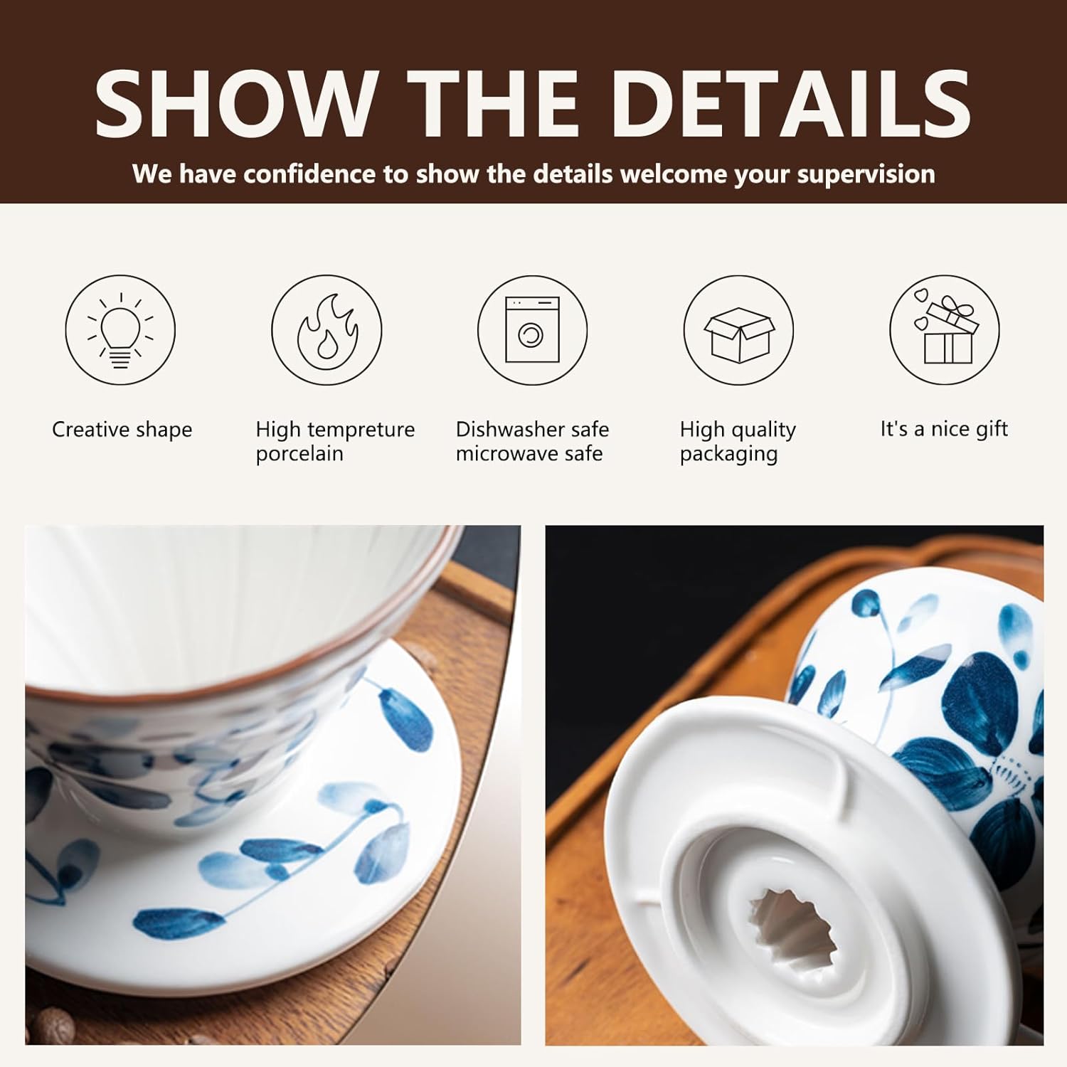 Pour Over Coffee Maker Set, 60 Angle ceramic Pour Over Coffee Maker Dripper Filter & Decanter for 1-4 People, Ceramic Coffee Dripper Set with 100 Count Paper Coffee Filters(Coffee Filter +Kettle) - Image 2