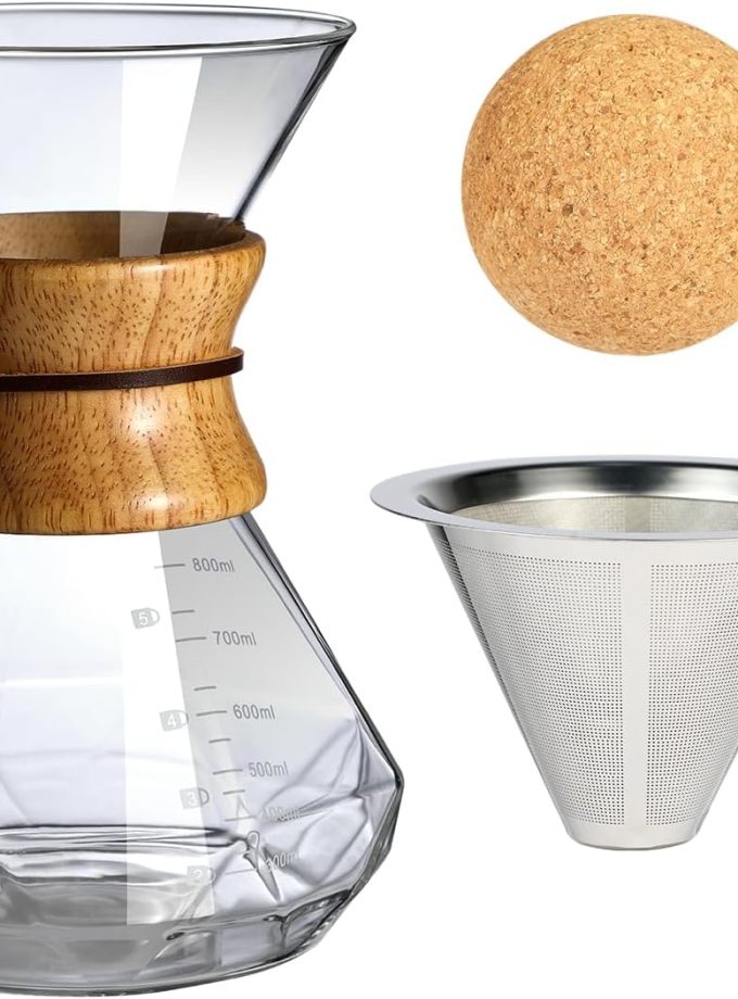 Pour Over Coffee Maker With Wood Sleeve，27oz/800mlPour Over Coffee Dripper,Pour Over Coffee Maker Set With Cork Stopper (27oz/800ml)