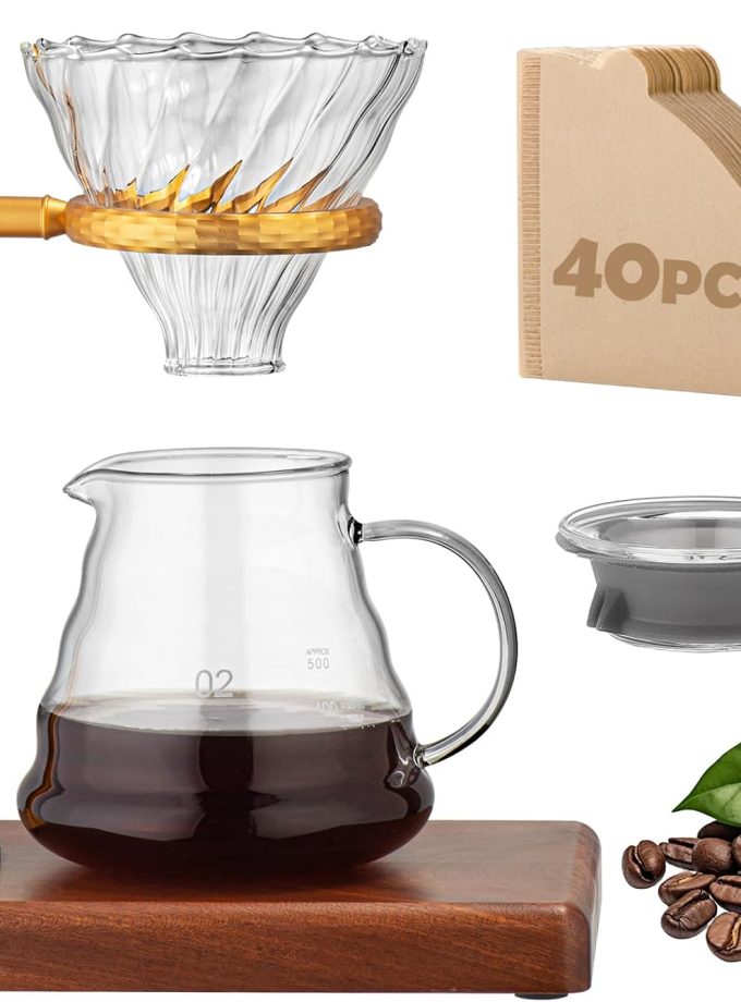 Pour Over Coffee Maker Set – Glass Coffee Dripper with Stainless Steel Stand, Wooden Base & 40 Filters – Travel Filter Coffee Maker