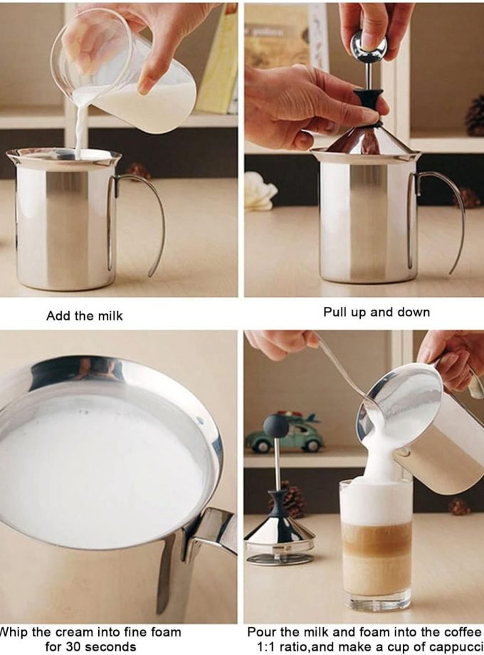 Manual Milk Frother, Double Layer Stainless Steel Hand Pump Milk Foamer for Cappuccino, Latte, and Coffee Foam, 800ML, Heat-Resistant, Easy to Clean, Compact Design for Home, Office, Travel