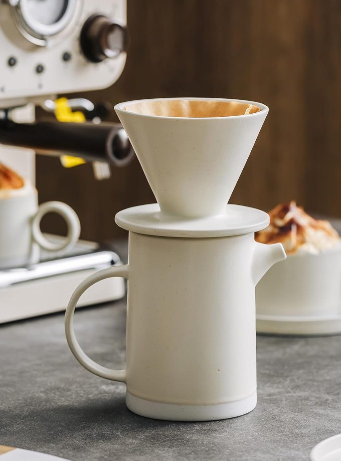 Pour Over Coffee Maker Set Vintage Ceramic Pour Over  Coffee Dripper Set with 20 Count Paper Coffee Filters,for Home Café Restaurant Camping,15.8 Ounces(White)