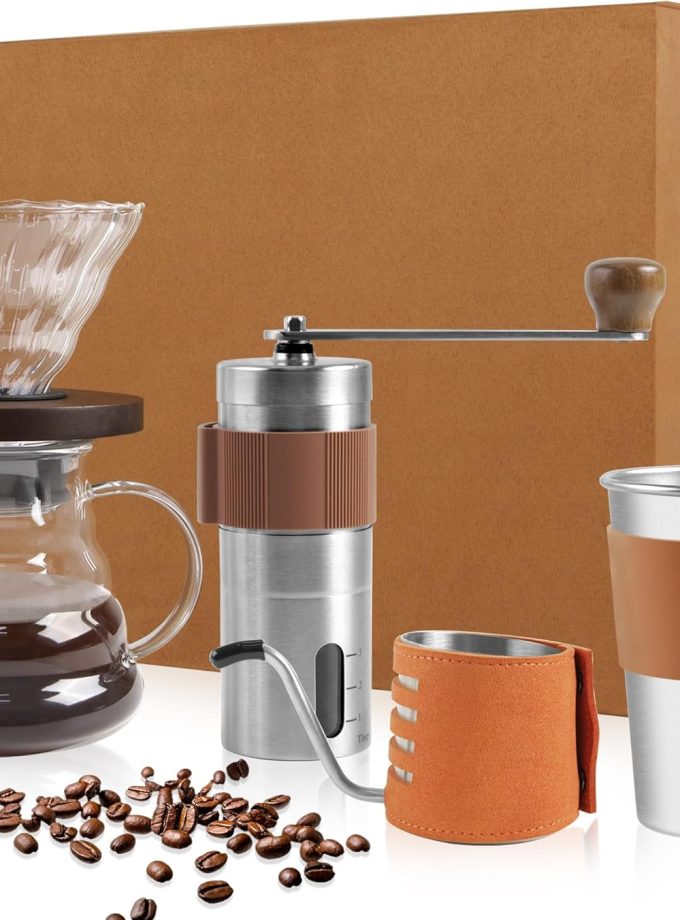 Pour Over Coffee Maker Set - 4 Piece Kit Includes Gooseneck Kettle, Removable Coffee Mill Grinder, 500ML Cup & Coffee Dripper Brewer with Lid, Perfect for Home Brewing and Travel