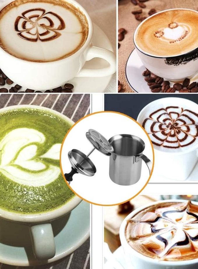 Manual Milk Frother, Stainless Steel Hand Pump Milk Foamer Handheld Milk Frothing Pitchers, Manual Operated Milk Foam Maker Japanese Double-Layered Hand Foamer(400ml)