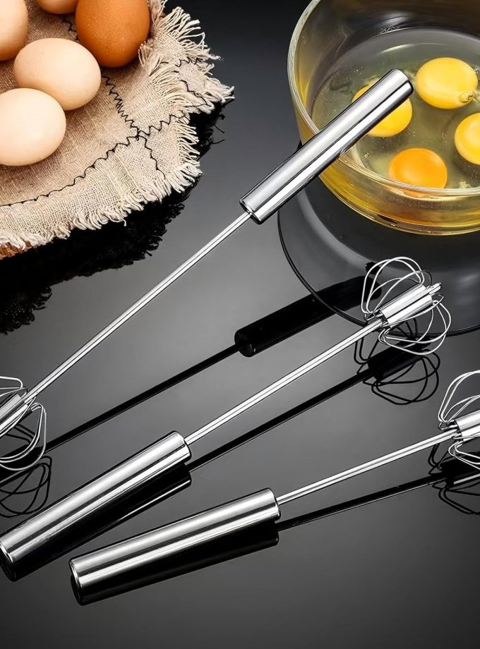 3 Pack Stainless Steel Egg Whisk, Hand Push Rotary Whisk Blender, Versatile Easy Whisk, Hand Push Mixer Stirrer for Beating Eggs, Frothing Milk, Blending, Mixing, Whipping Smoothies & Shakes