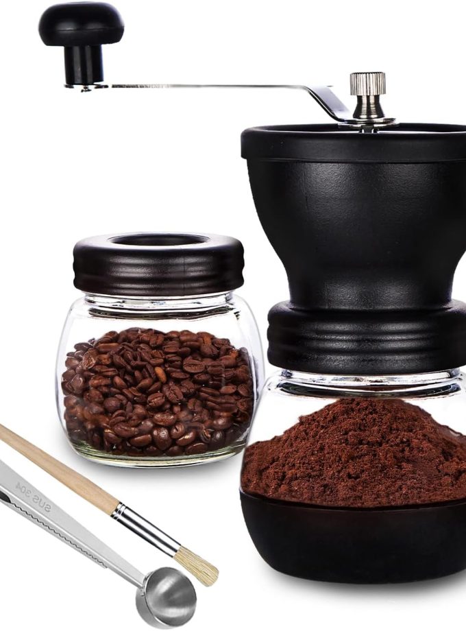 Manual Coffee Bean Grinder with Ceramic , Hand Coffee Grinder Mill Small with 2 Glass Jars( 11OZ per Jar) Stainless Steel Handle for Drip Coffee, Espresso, French Press, Turkish Brew