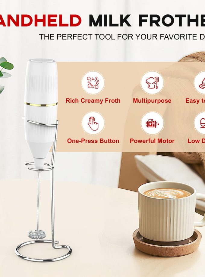 Handheld Milk Frother Drink Mixer Wand with Stand & Stirring Spoon Quiet One-Button Operation, Non-Slip Handle, Detachable Whisk Head for Coffee, Lattes, Cappuccinos, Matcha (White)