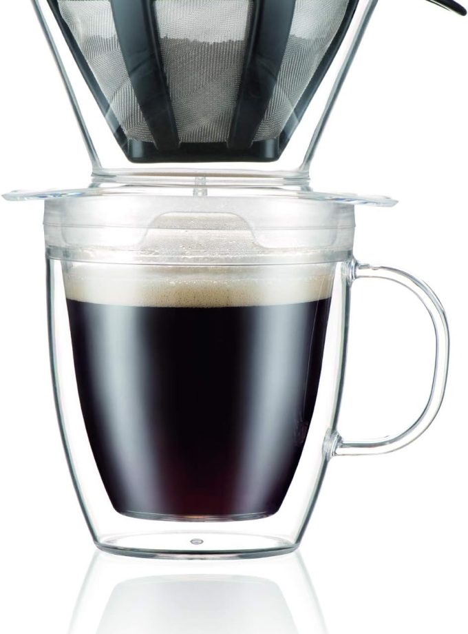 12oz Pour Over Coffee Dripper Set w/Double Wall Mug and Reusable Permanent Filter, Plastic, -Free, Clear
