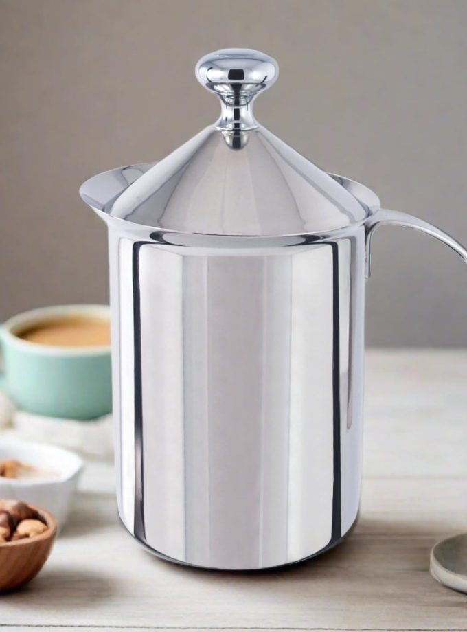 Polished Stainless Steel Hand Pump Cappuccino Milk Frother, 27 oz, 5" high
