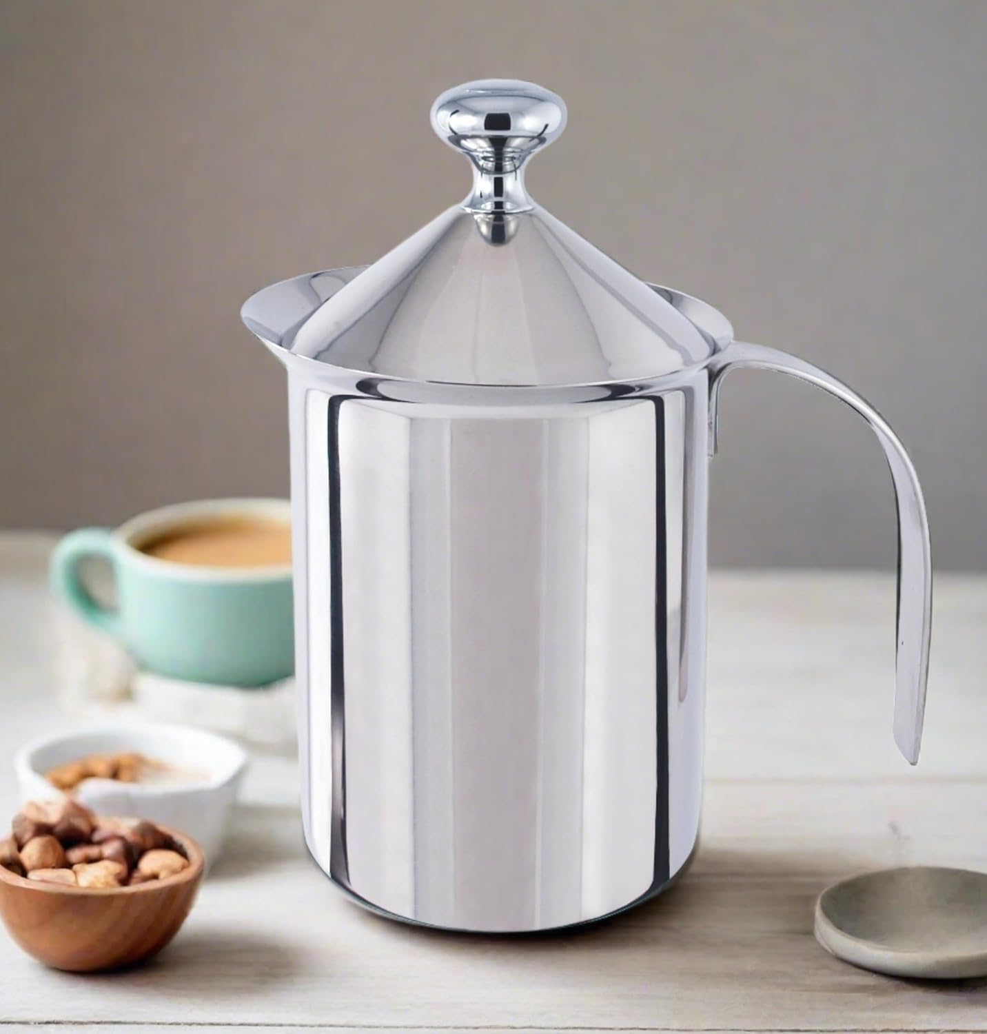 Polished Stainless Steel Hand Pump Cappuccino Milk Frother, 27 oz, 5" high - Image 2