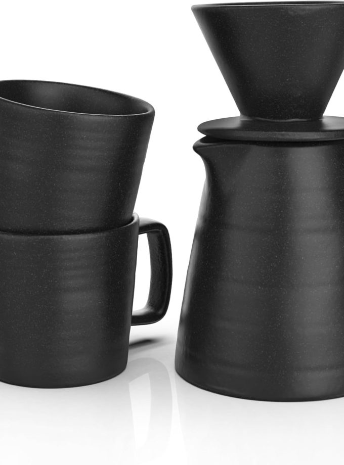 Pour Over Drip Coffee Maker Gift Set with Two Coffee Mugs, Non-Electric Pour Over Coffee Dripper, Easy Manual Brew Maker, Dishwasher and wave Safe, Filters not included (Black)