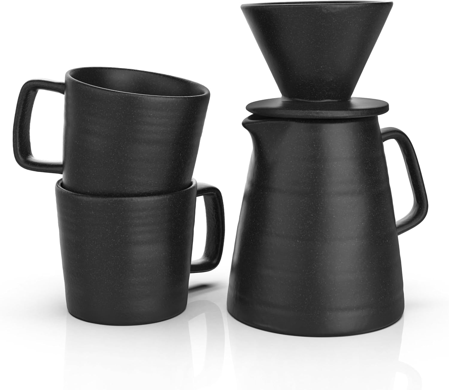 Pour Over Drip Coffee Maker Gift Set with Two Coffee Mugs, Non-Electric Pour Over Coffee Dripper, Easy Manual Brew Maker, Dishwasher and wave Safe, Filters not included (Black)