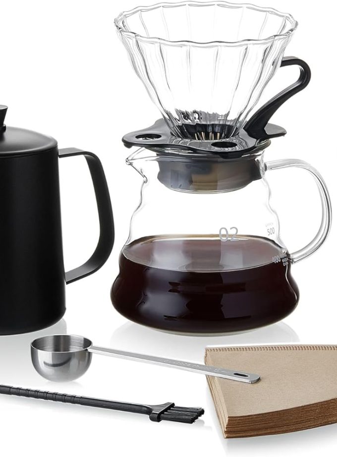 Pour Over Coffee Maker Set – 6-Piece Set with Coffee Maker, Hand Coffee Grinder, Hand Drip Kettle,  Filters (40 Sheets), and Measuring Spoon – Perfect for Home Brewing and Travel
