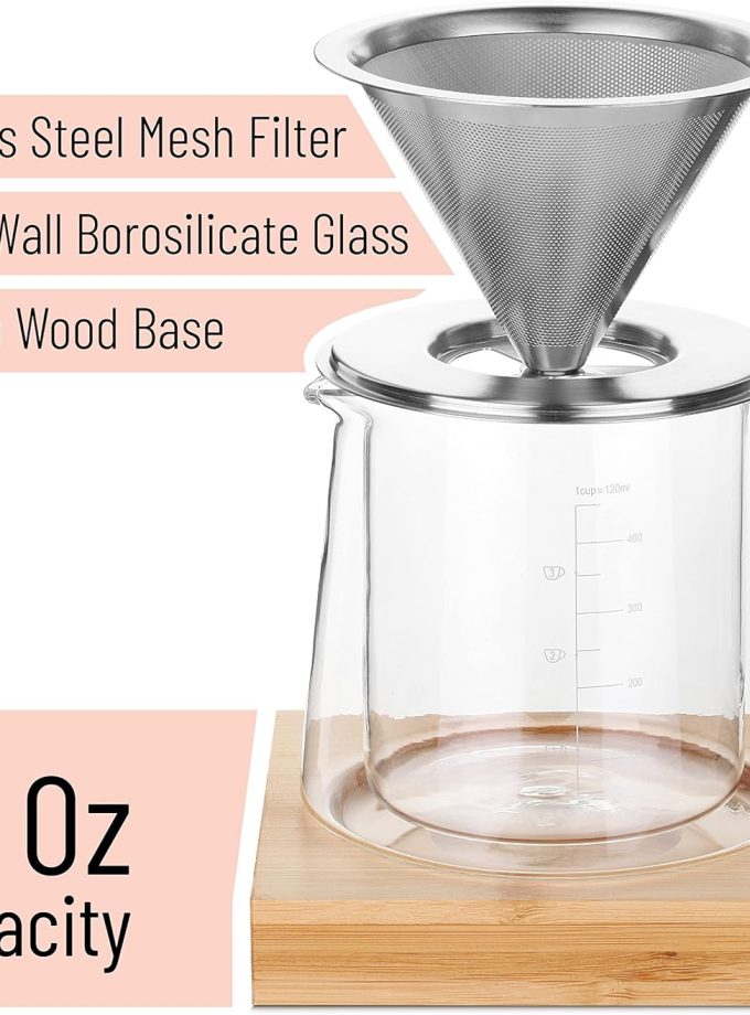 Pour Over Coffee Maker Set, Double Wall Glass, 16 oz, Permanent Filter, Coffee Pour Over, Manual Dripper
