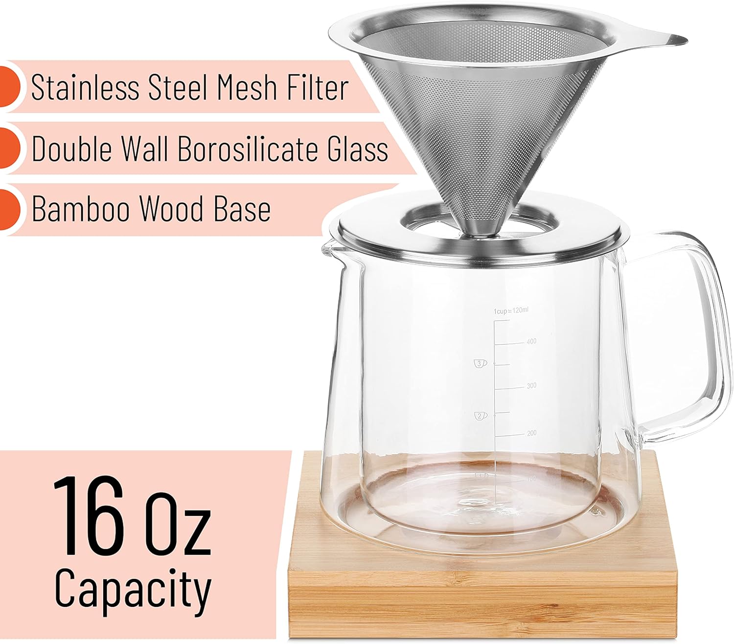 Pour Over Coffee Maker Set, Double Wall Glass, 16 oz, Permanent Filter, Coffee Pour Over, Manual Dripper - Image 2
