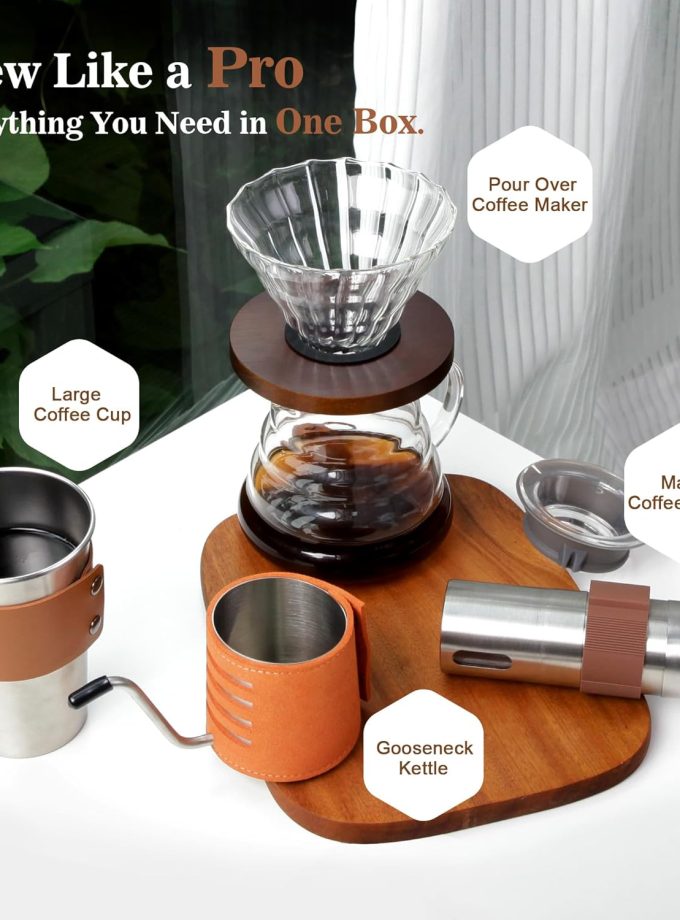 Pour Over Coffee Maker Set - 4 Piece Kit Includes Gooseneck Kettle, Removable Coffee Mill Grinder, 500ML Cup & Coffee Dripper Brewer with Lid, Perfect for Home Brewing and Travel