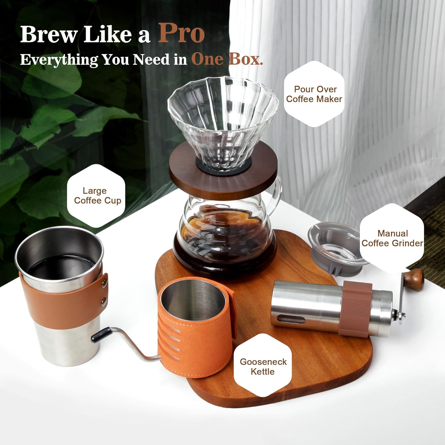 Pour Over Coffee Maker Set - 4 Piece Kit Includes Gooseneck Kettle, Removable Coffee Mill Grinder, 500ML Cup & Coffee Dripper Brewer with Lid, Perfect for Home Brewing and Travel - Image 2