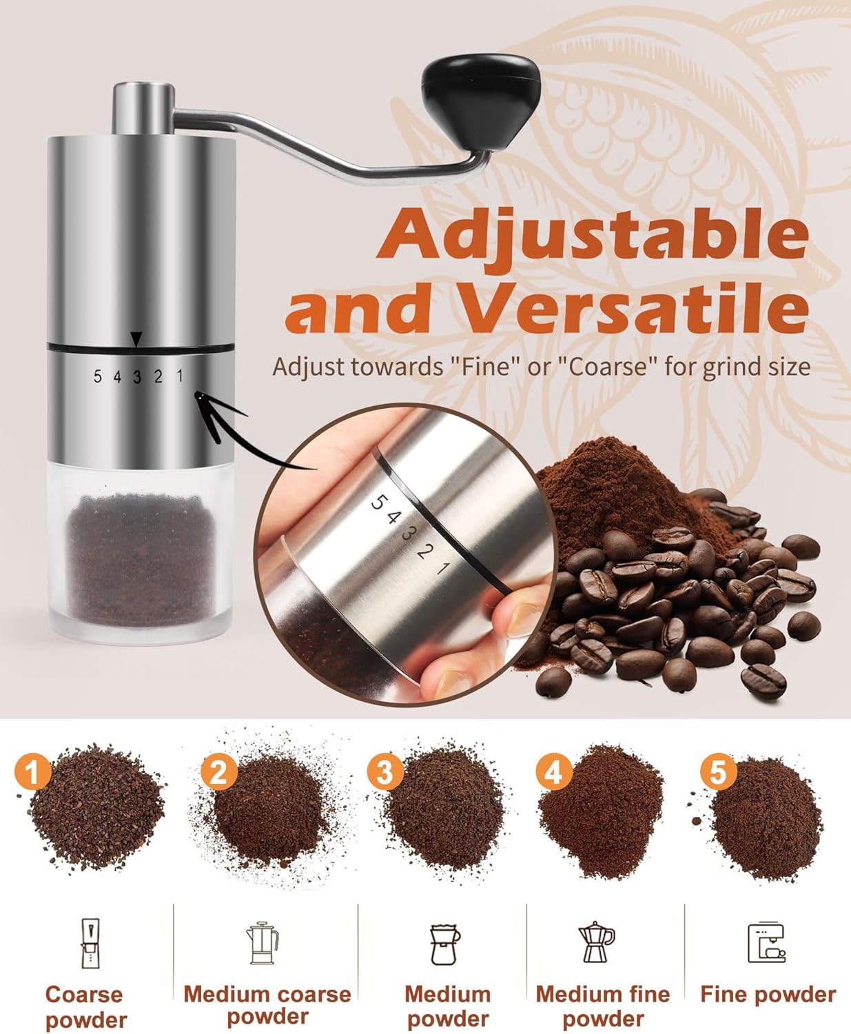 Manual Coffee Grinder With Ceramics For Espresso,French Press,5 Adjustable Settings,Hand Maker with Built-In ,For Home Use and Camping Travel,Coffee Bean Grinders With Hand Crank - Image 2