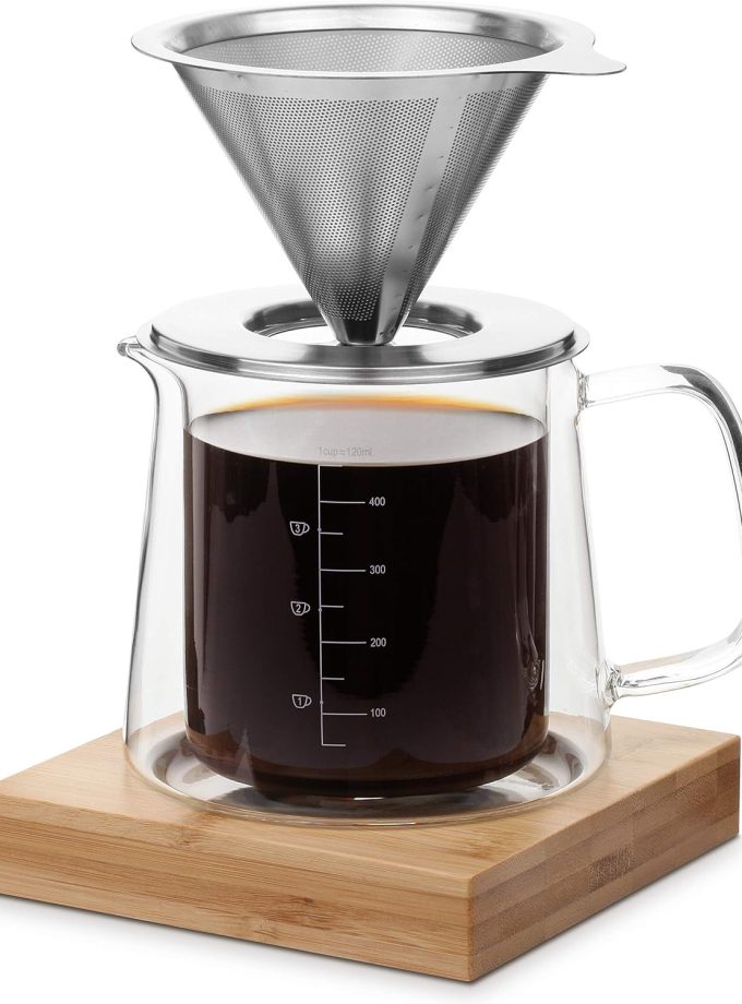 Pour Over Coffee Maker Set, Double Wall Glass, 16 oz, Permanent Filter, Coffee Pour Over, Manual Dripper