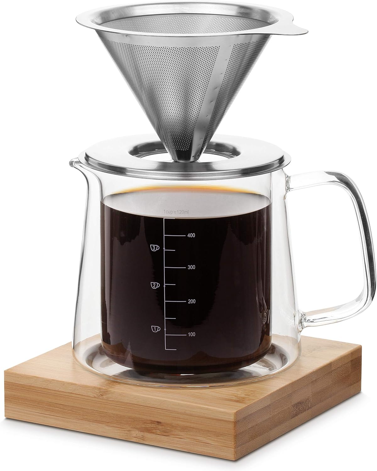 Pour Over Coffee Maker Set, Double Wall Glass, 16 oz, Permanent Filter, Coffee Pour Over, Manual Dripper